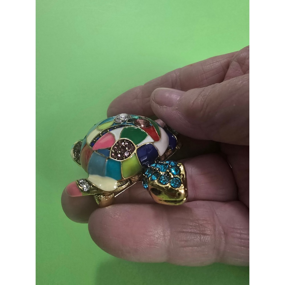 Multi Color Enamel Turtle Brooch Gold Tone Rhinestone Sea Turtle Pin Accessory - Picture 5 of 6